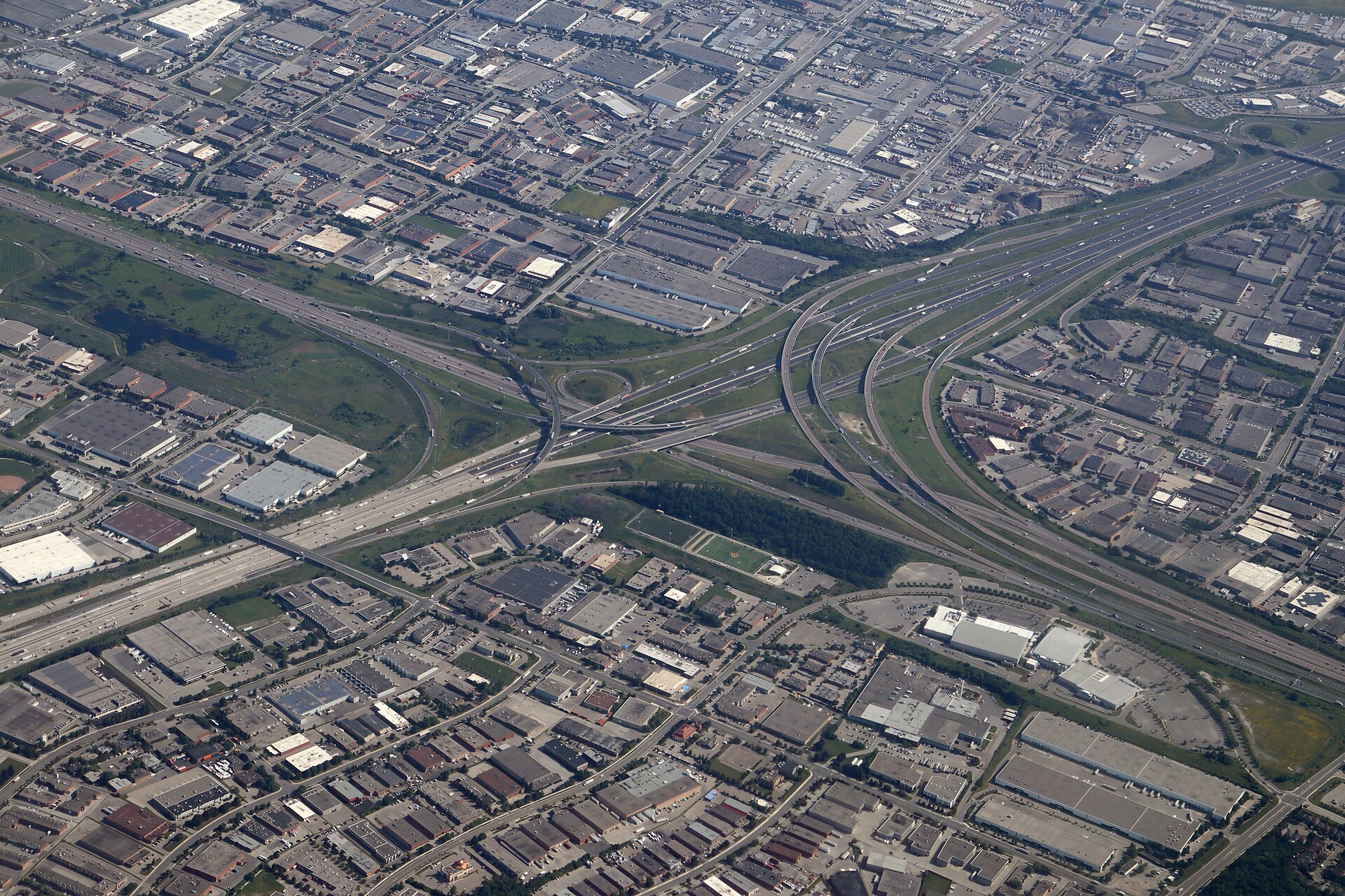 Aerial view of a multi-level highway interchange
