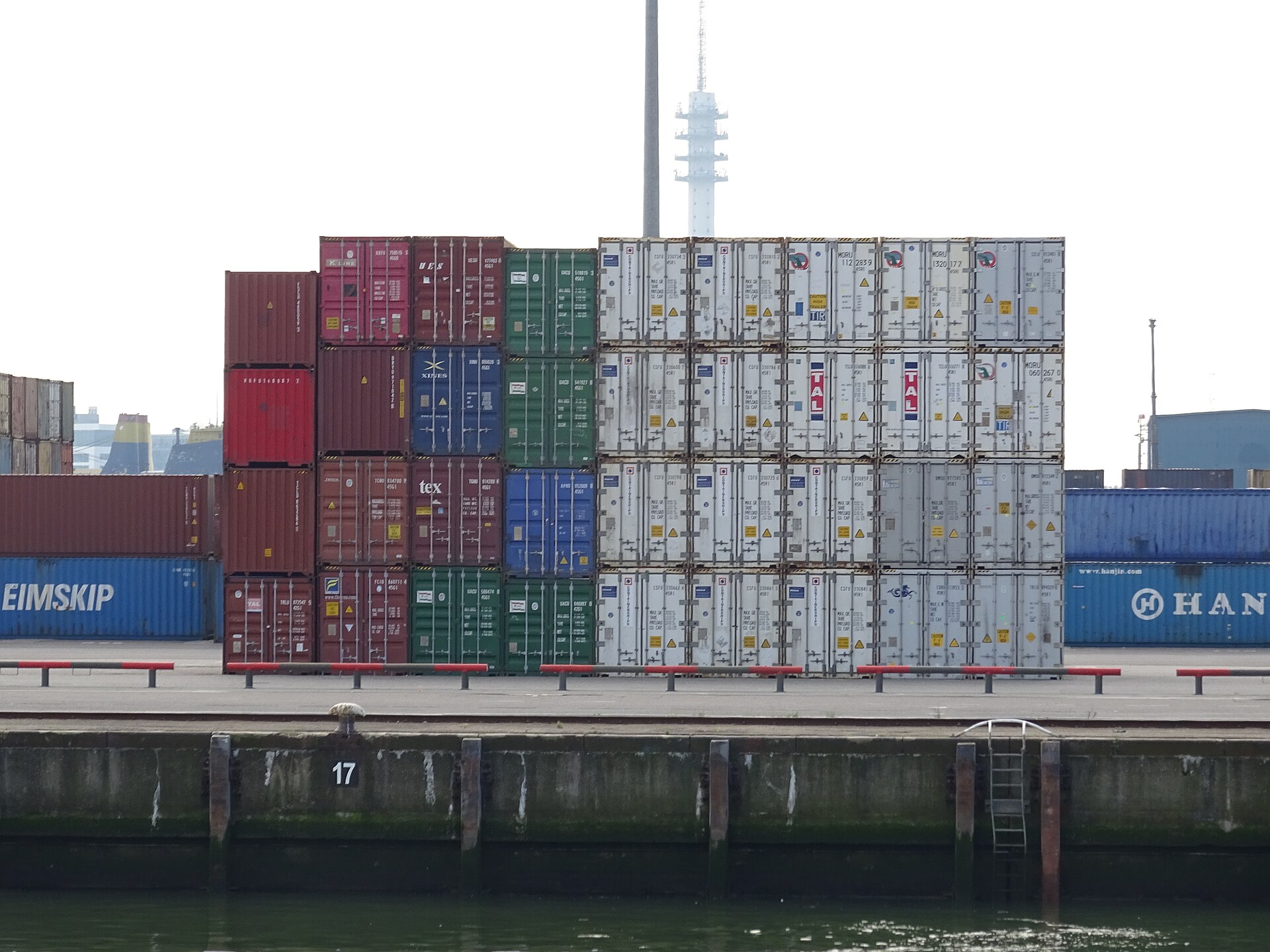 Stacked shipping containers at a port terminal